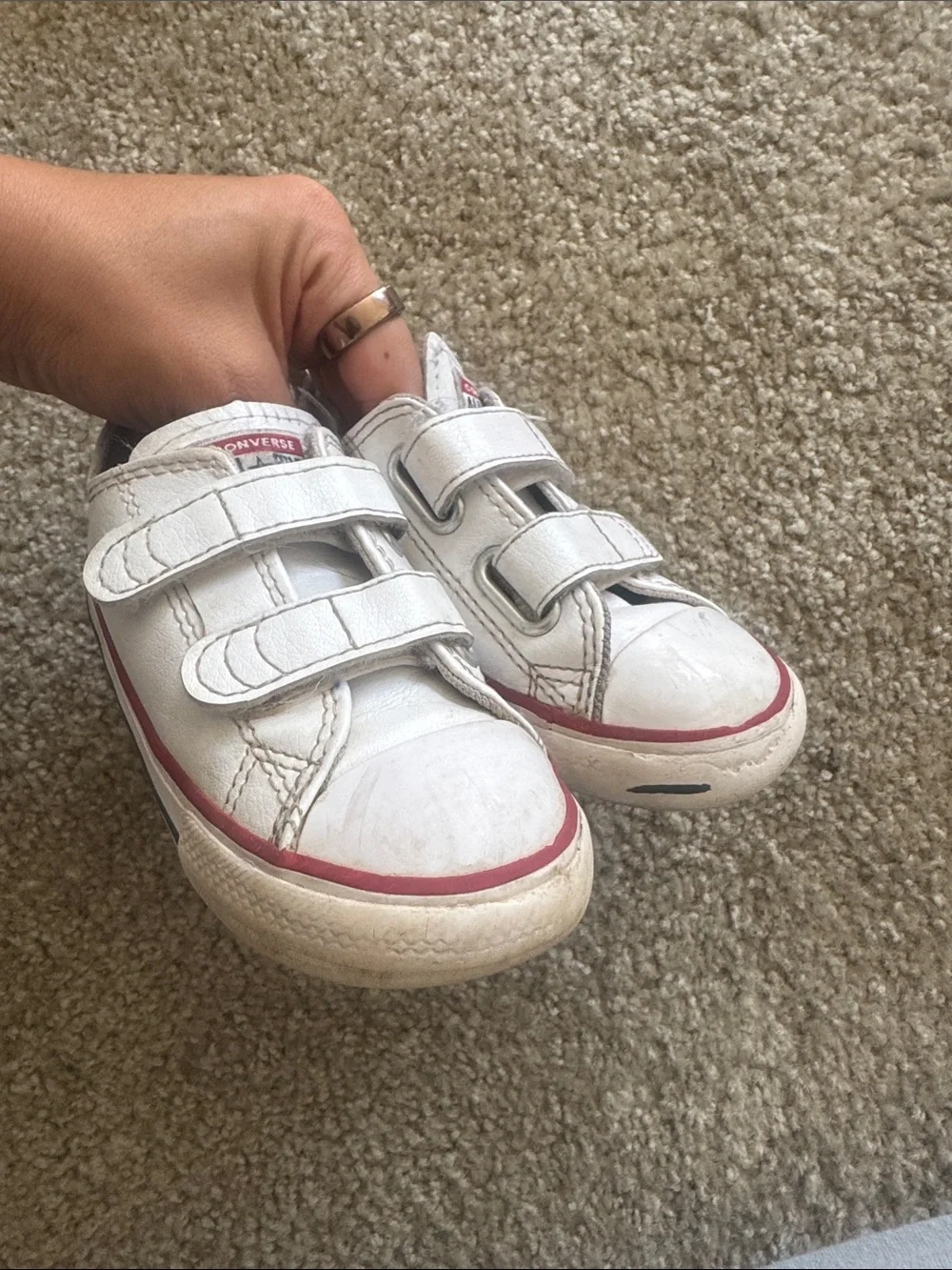 Converse Kids White Sneakers with Red Trim Velcro